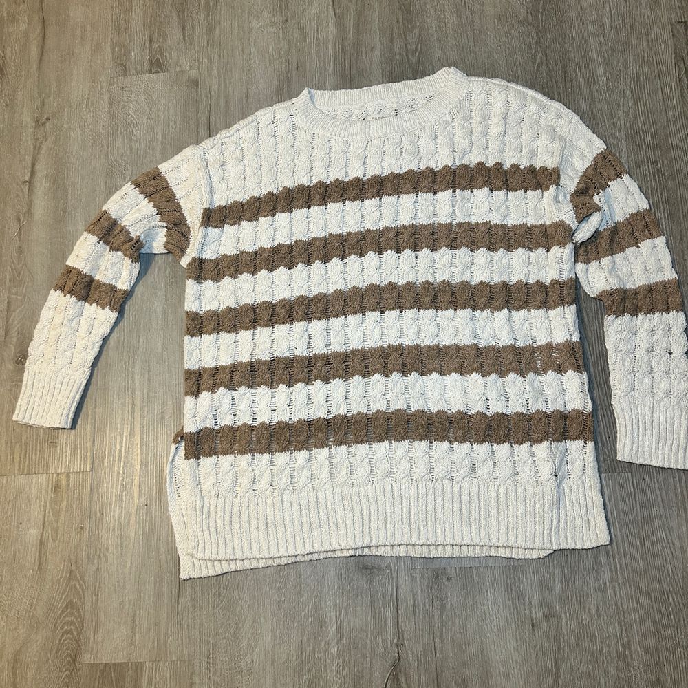 Pilcro NWOT Longline Stitch Sweater Neutral Striped Size L Oversized Knit Chunky - Picture 2 of 7